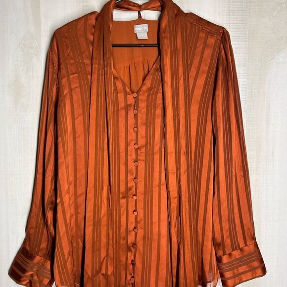 Chico’s rust color blouse‎ button front with scarf, size 2, size 12/14. - Picture 5 of 16